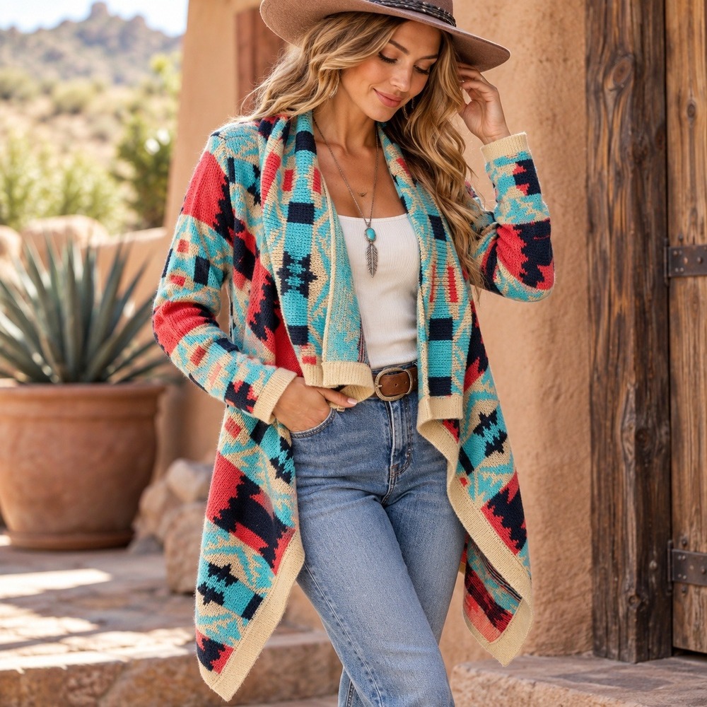 KATE Collection Southwestern Aztec Waterfall Cardigan Sweater Boho Desert Ranch